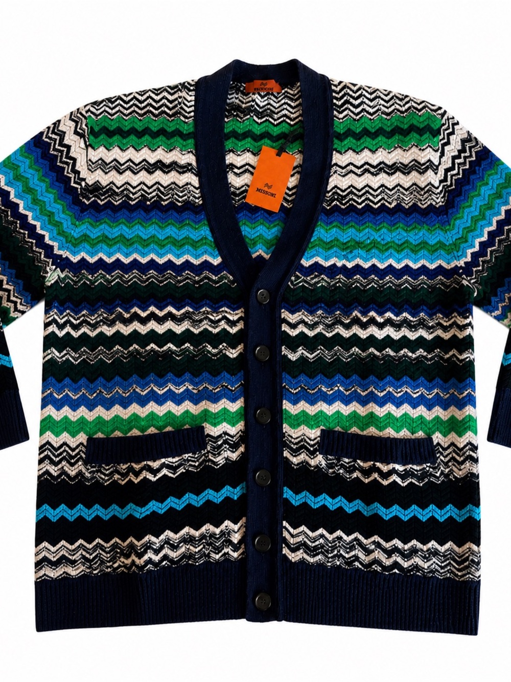 Missoni Navy Blue Green Multicolor Zigzag Cardigan